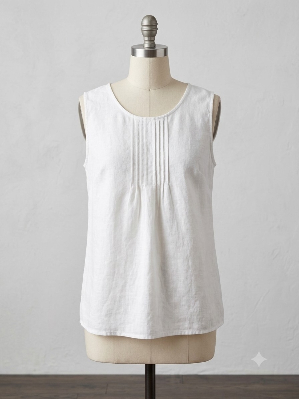 Sleeveless Pintuck Linen Tank Top - White